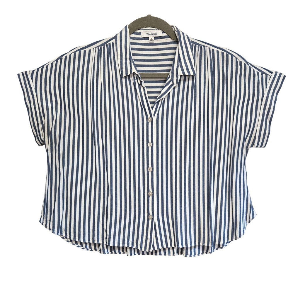 Madewell Boho Blue White Striped Short Sleeve Button Down Shirt L Boxy Cropped